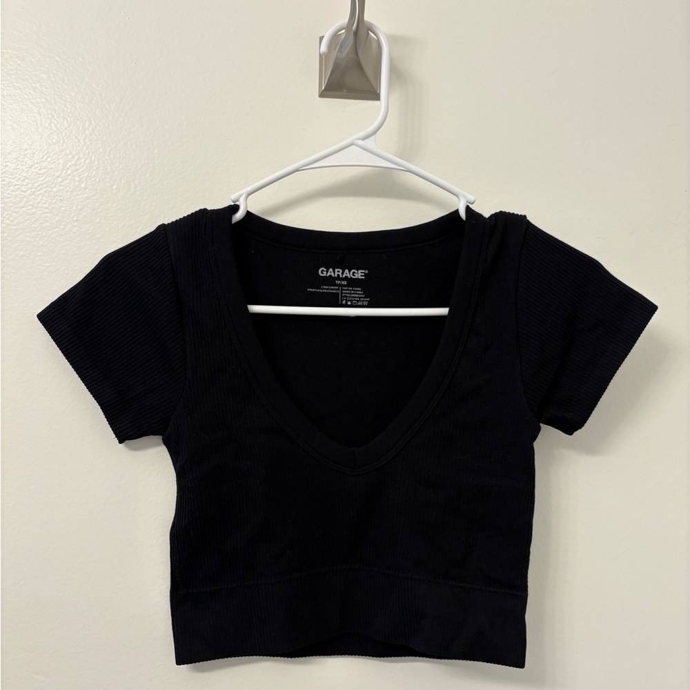 Garage Black Short Sleeve V-Neck Top